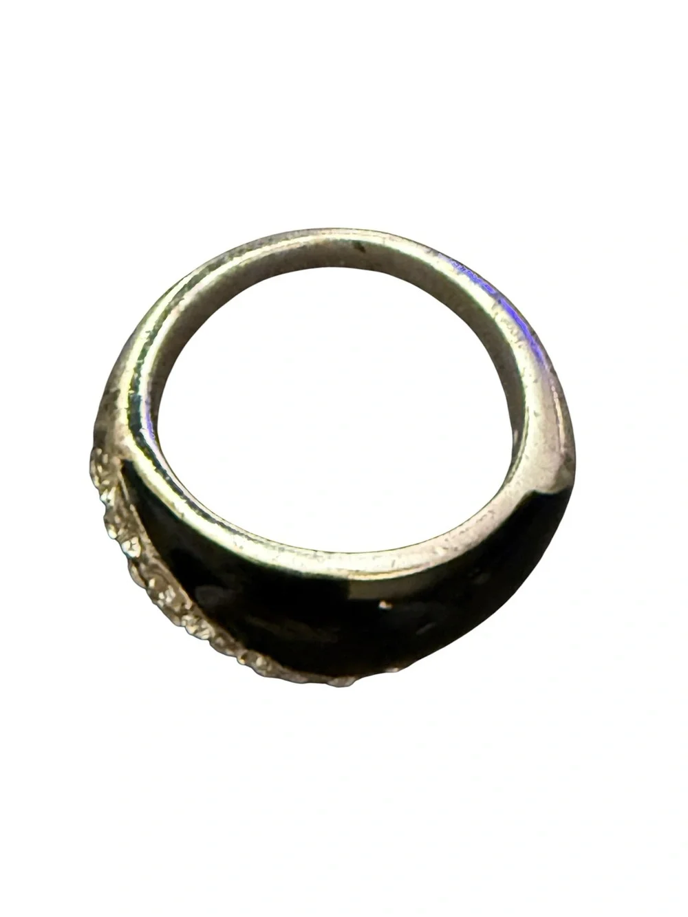 Vintage Avon NRT Black Enamel & Clear Rhinestone Pave' Ring Sz 8 Silver Tone